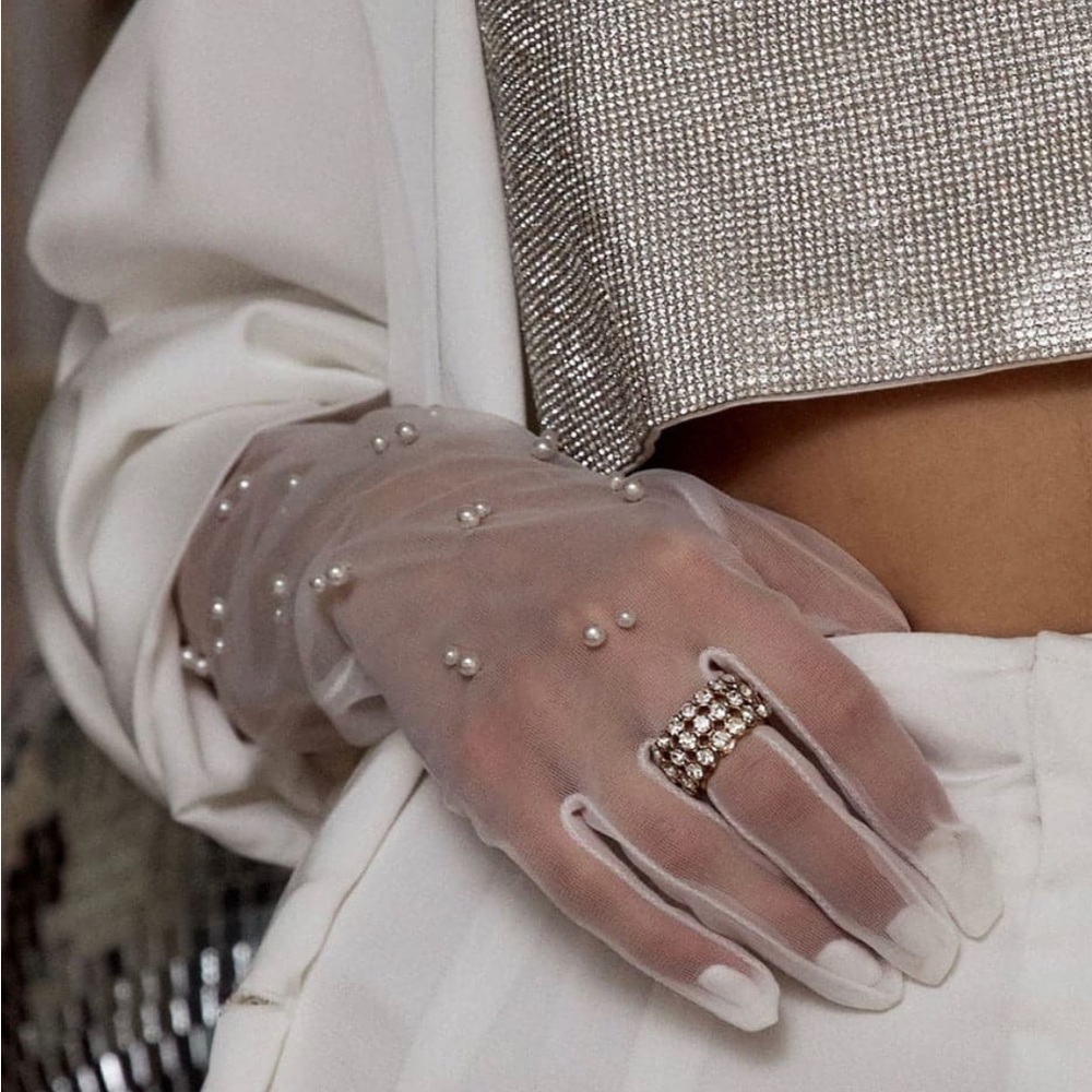 12th Tribe Sheer Pearl-Embellished White Gloves